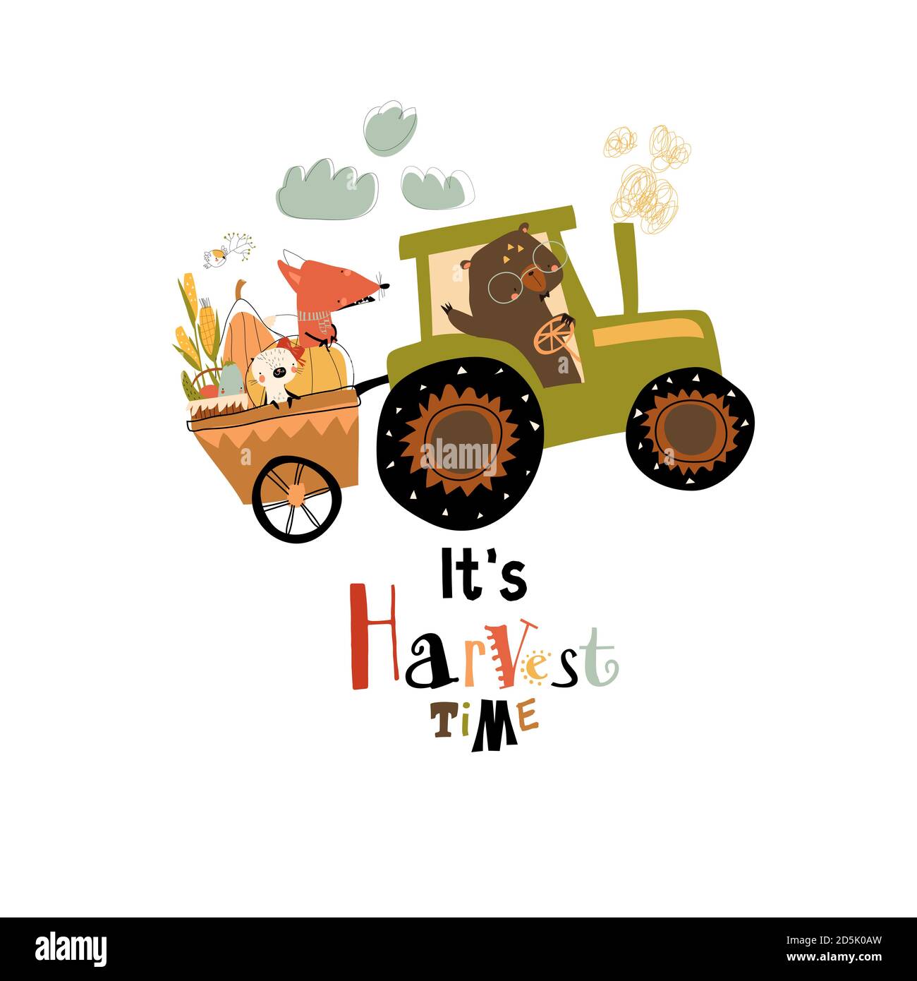 Cartoon happy animals riding on tractor with harvest Stock Vector