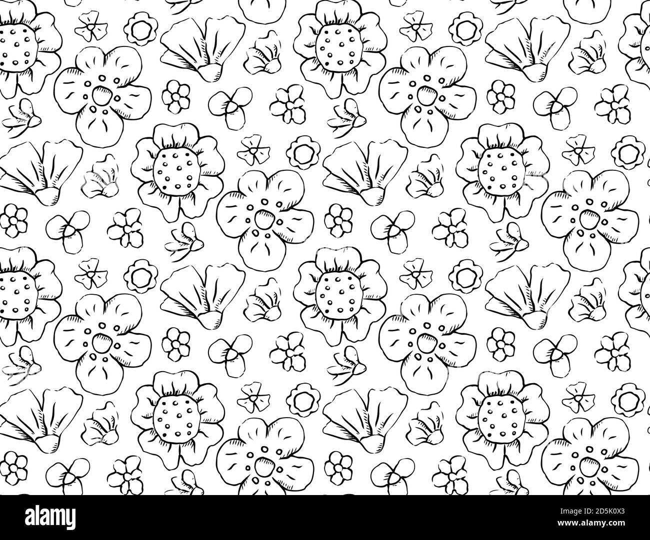 Seamless scribble sketch pattern with various flowers and petals