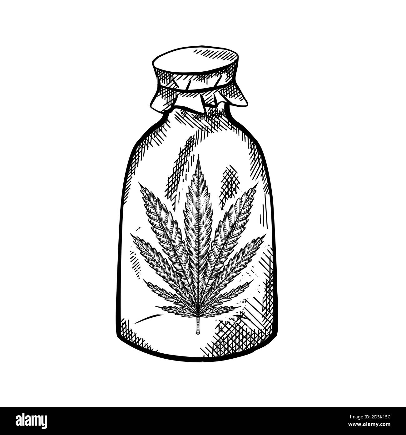 Natural herbal medicine. Glass bottle with a leaf of marijuana. Black and white sketch with a hatch. Engraving vector object for articles, banners and Stock Vector