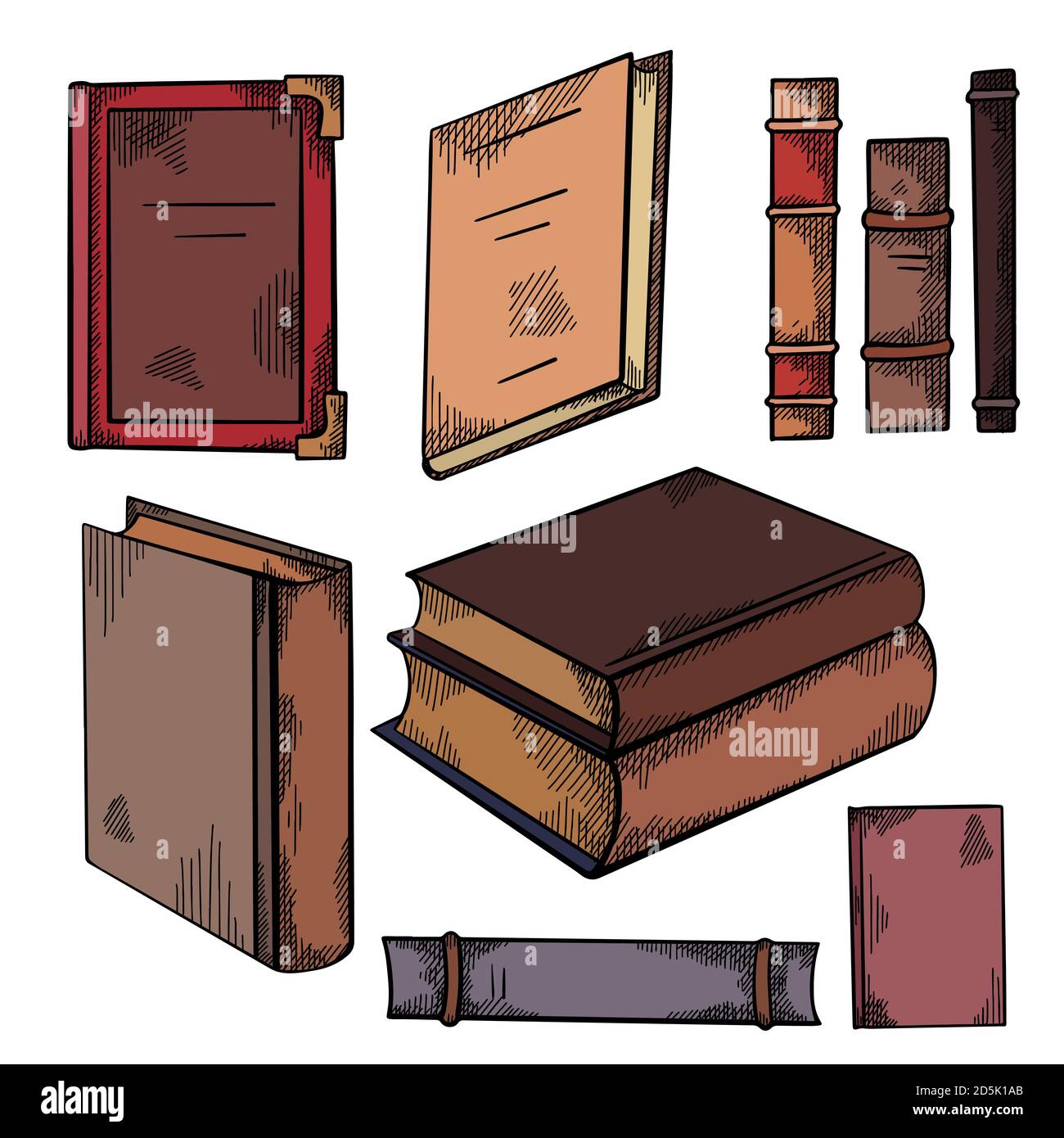 Set of colorful sketches of various old books with shading. Front and