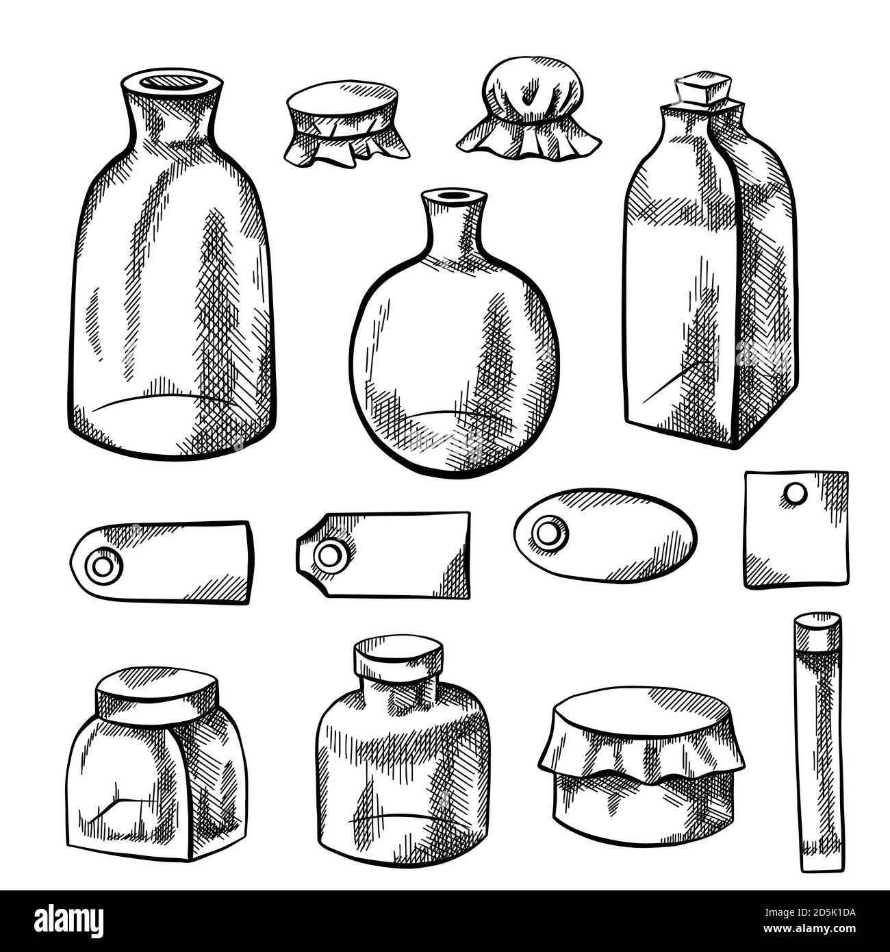 set of glass bottles flasks and labels pencil sketch with hatching natural pharmacy capacities for medicines and natural cosmetics vector element 2D5K1DA