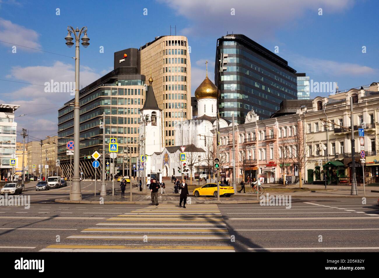 MOSCOW, RUSSIA - March 09. 2020: White square business district and old Temple of St. Nicholas the Wonderworker,  Tverskaya street Stock Photo