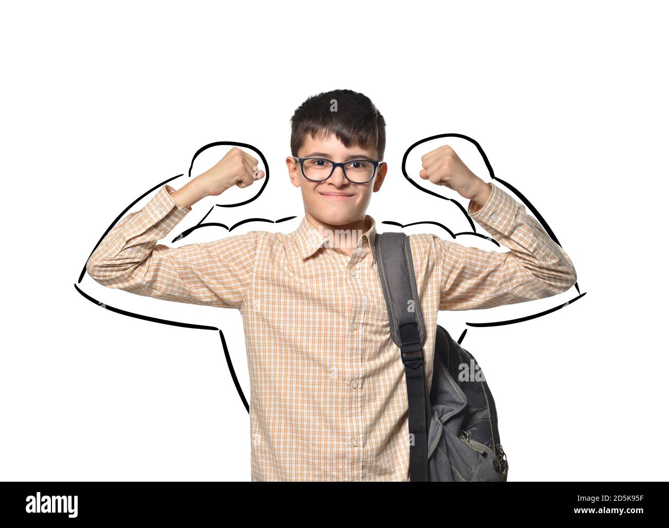 Funny schoolboy boy shows that he is strong and smart, on a white isolated background Stock Photo