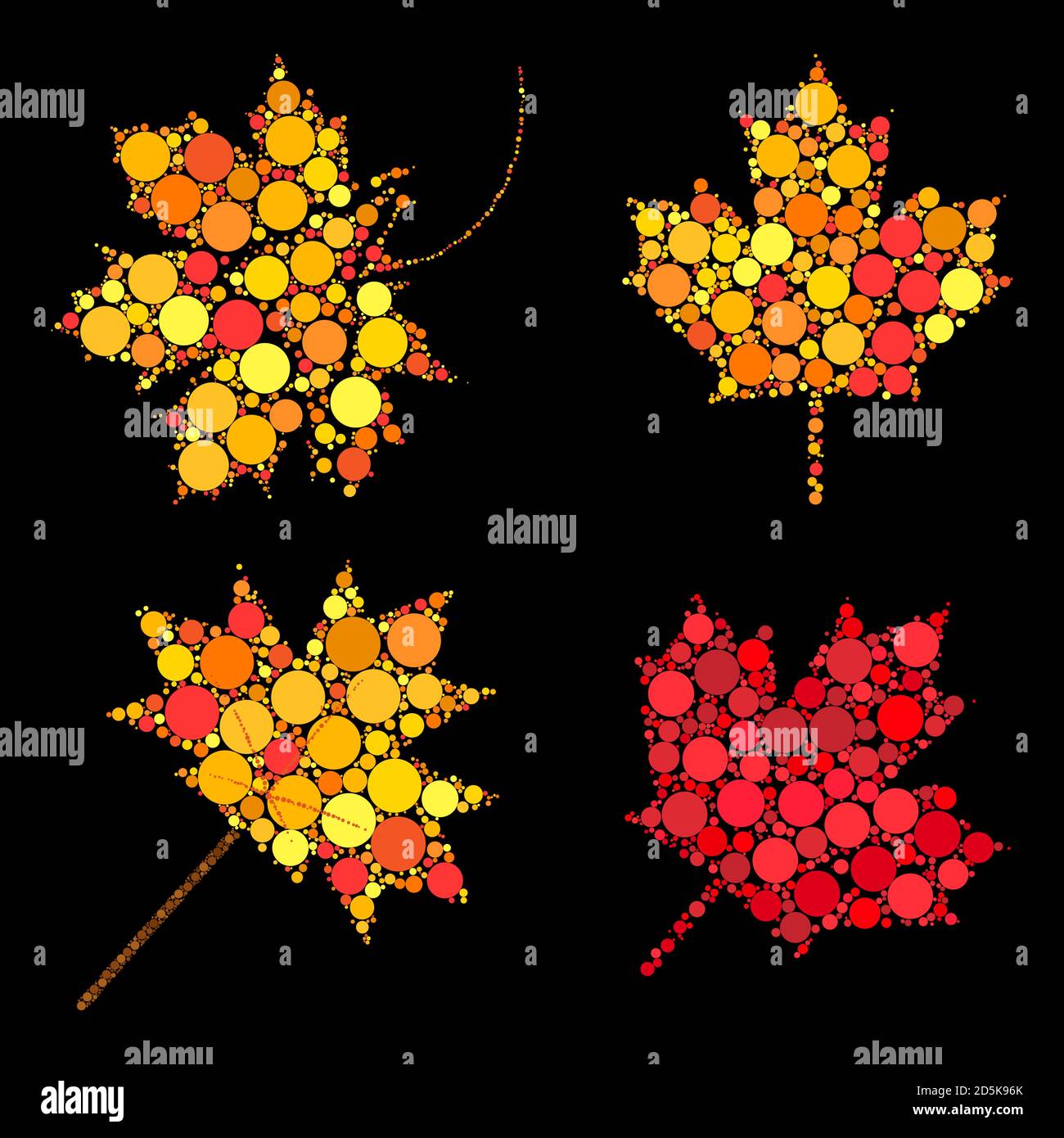 Autumn leaves. Abstract design elements collection. Vector set of autumnal maple leaf in fall colors. Seasonal foliage symbols set made of dots. Illus Stock Vector