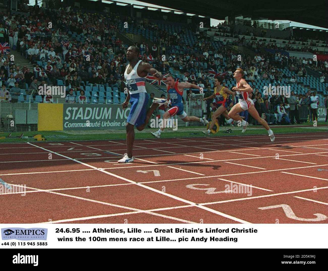24.6.95 .... Athletics, Lille .... Great Britain's Linford Christie wins the 100m mens race at Lille Stock Photo
