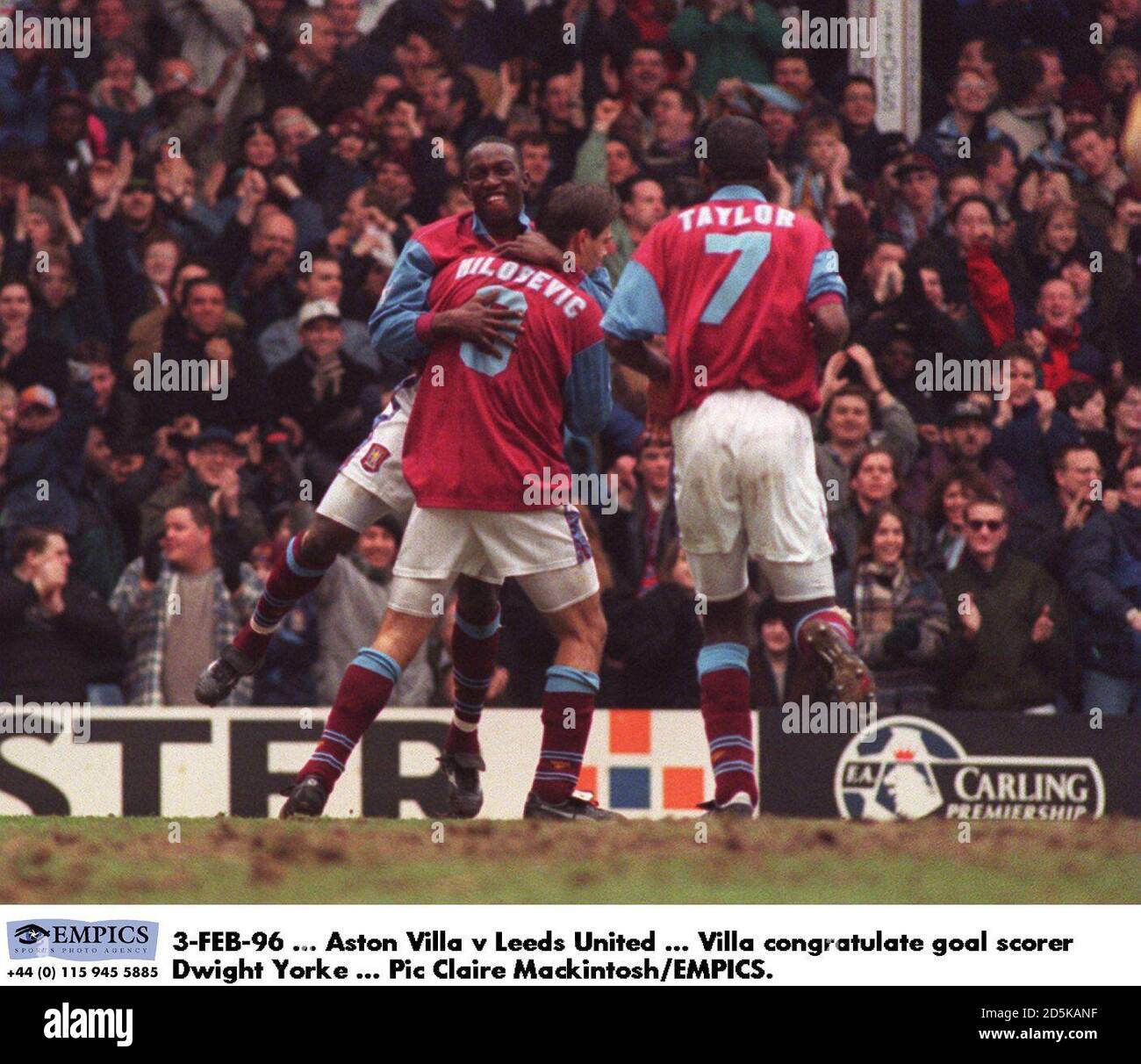 3FEB96 Aston Villa v Leeds United Villa congratulate goal scorer Dwight Yorke Stock