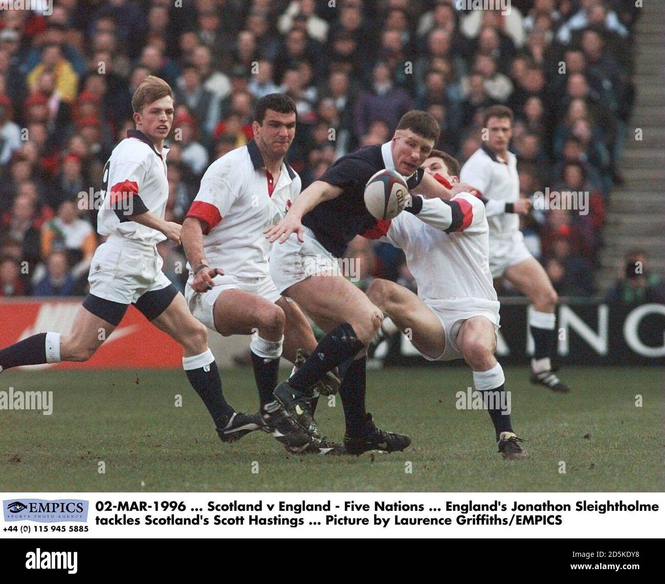 02 Mar 1996 Scotland V England Five Nations England S Jonathon Sleightholme Tackles Scotland S Iain Jardine Picture By Laurence Griffiths Empics Stock Photo Alamy