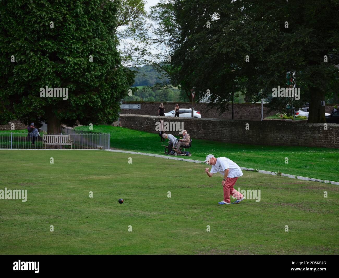 In July, a lone competitor takes time to practice bowls on the crown green at Pateley Bridge, Harrogate, North Yorkshire, England, UK. 21/07/2019. Stock Photo