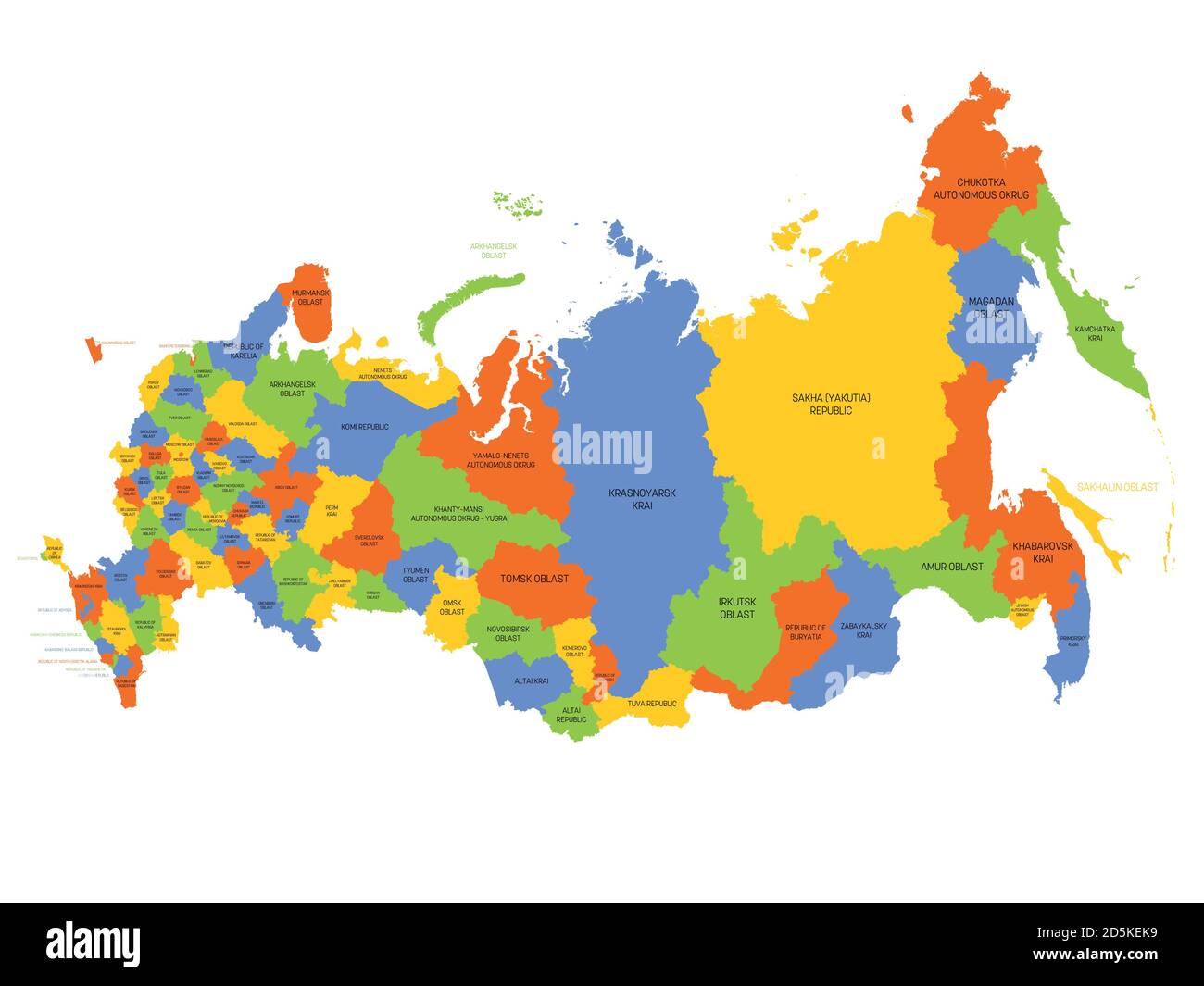 Political map of Russia, or Russian Federation. Federal subjects - republics, krays, oblasts, cities of federal significance, autonomous oblasts and autonomous okrugs. Simple flat vector map with labels. Stock Vector