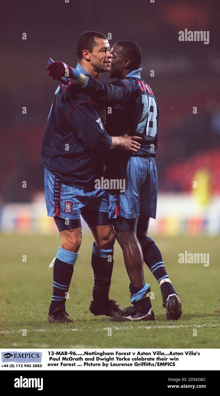 Aston Villa's Paul McGrath and Dwight Yorke celebrate their win over Nottingham Forest Stock Photo