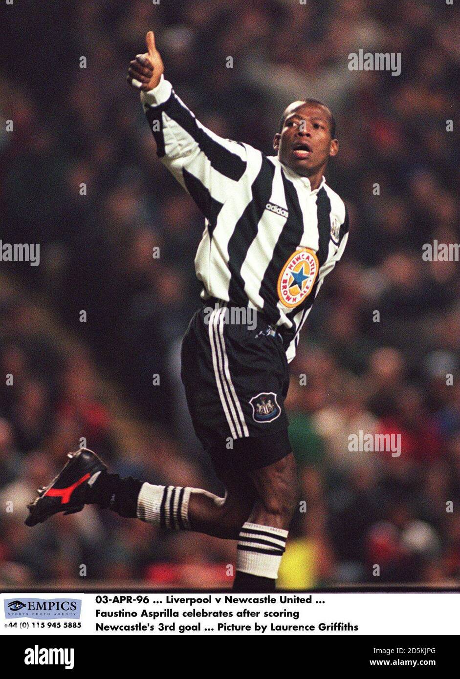 Faustino Asprilla celebrates after scoring Newcastle's 3rd goal against Liverpool Stock Photo