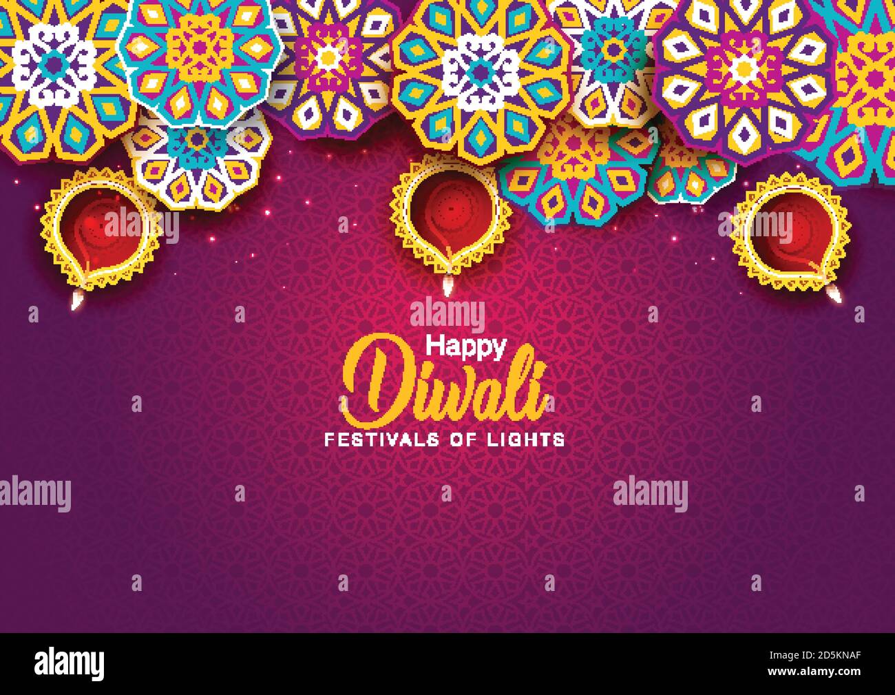 Happy Diwali celebration background. Top view of banner design decorated with illuminated oil lamps on patterned yellow background. vector illustratio Stock Vector