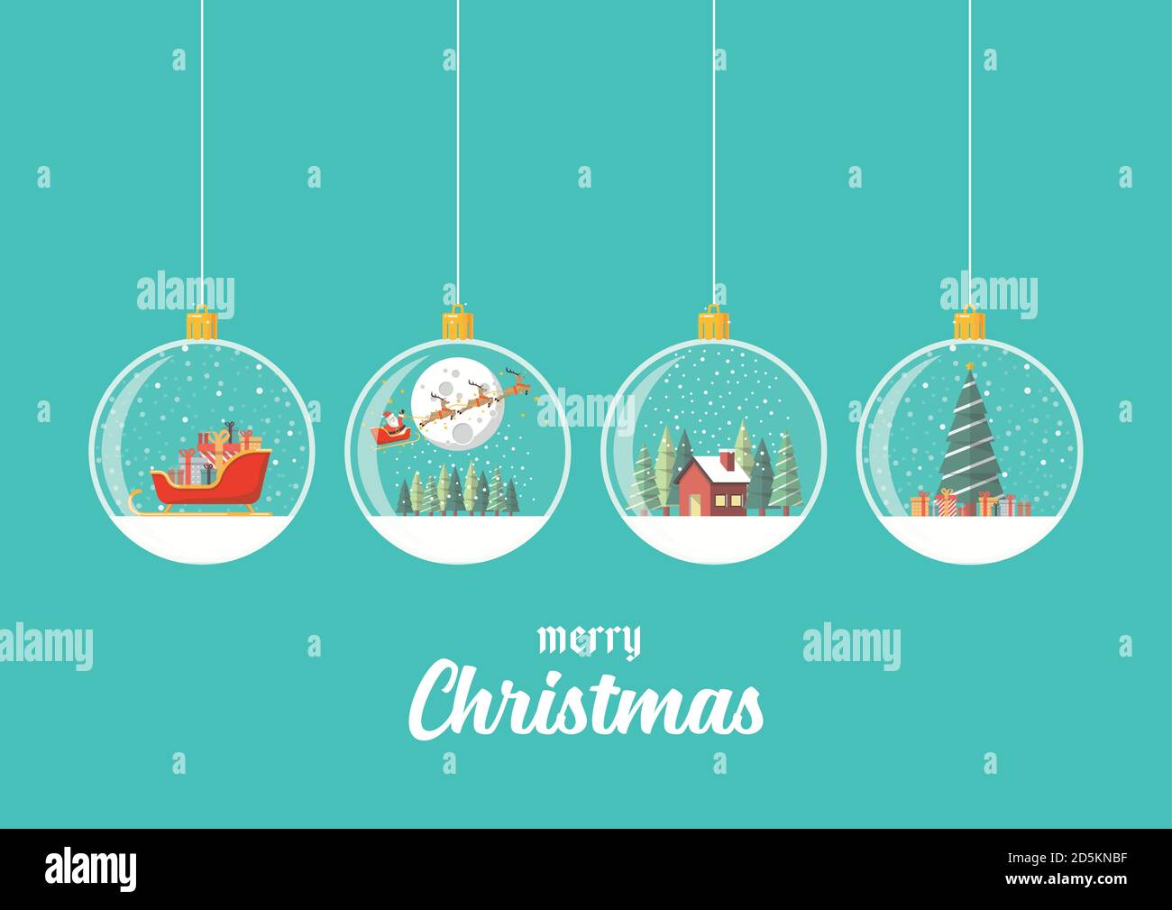 Set of Merry christmas glass balls hanging on blue background. Vector illustration Stock Vector