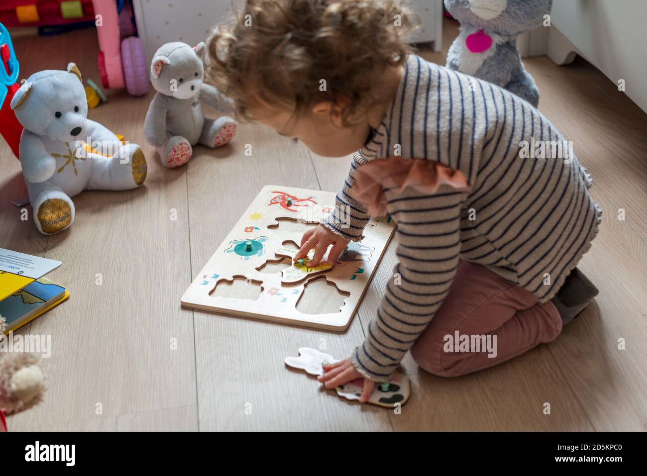 17-month child playing with a wooden jigsaw puzzle, fitting shapes of animals Stock Photo