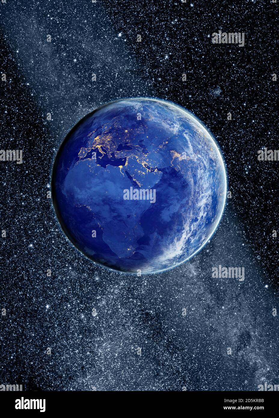 Planet Earth from space above Europe Middle East and Africa at night with city lights and stars concept Stock Photo