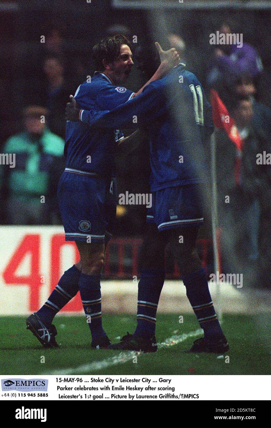 Garry Parker celebrates with Emile Heskey after scoring  Leicester's goal  Stock Photo