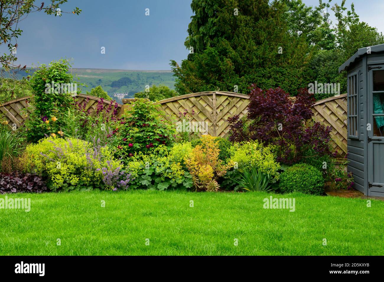 Landscaped sunny private garden (contemporary design, summer border flowers, colourful foliage, shed, lawn, high fence) - West Yorkshire, England, UK. Stock Photo