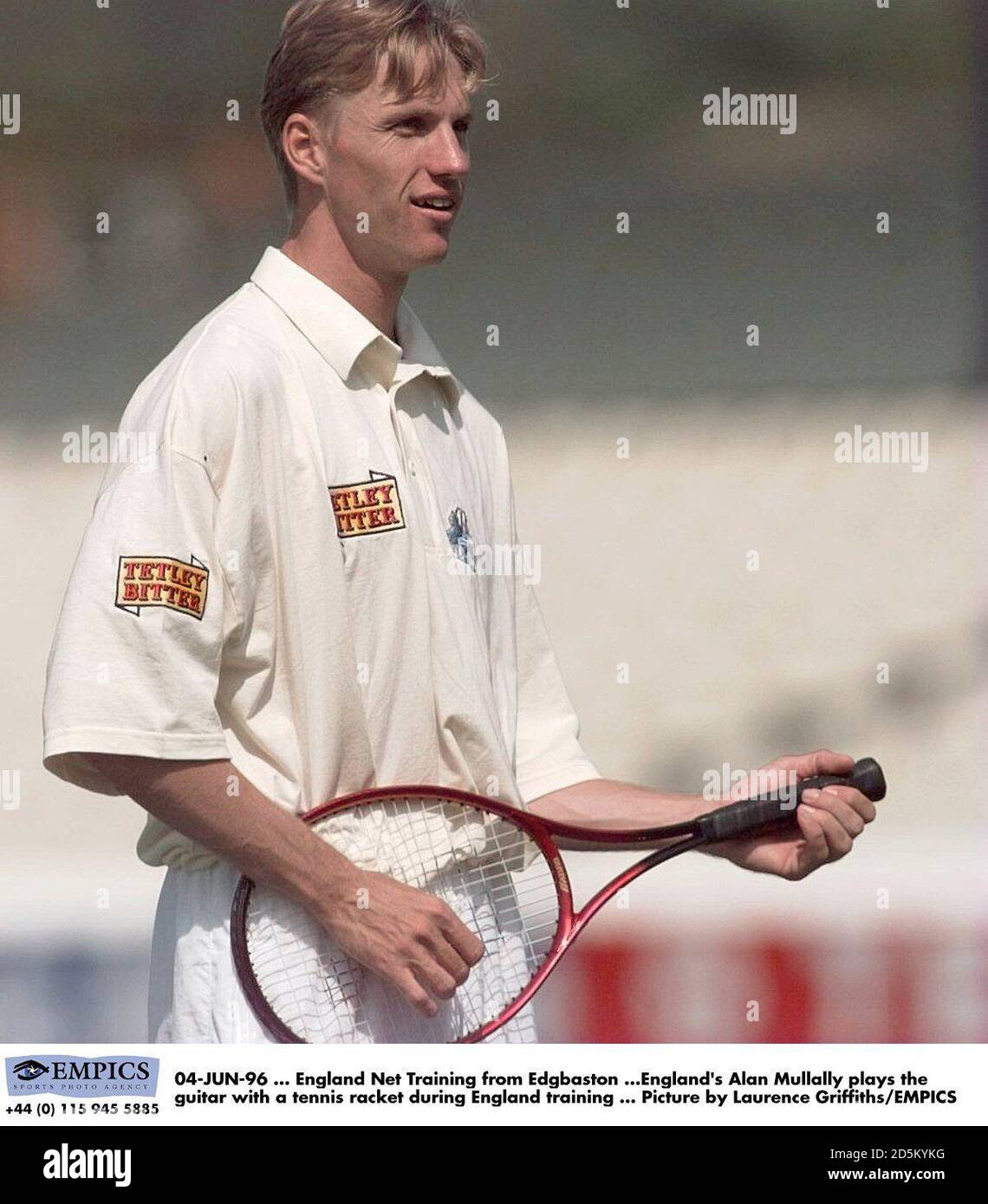 04-JUN-96 ... England Net Training from Edgbaston ...England's Alan Mullally plays the guitar with a tennis racquet during England training ... Picture by Laurence Griffiths/EMPICS Stock Photo
