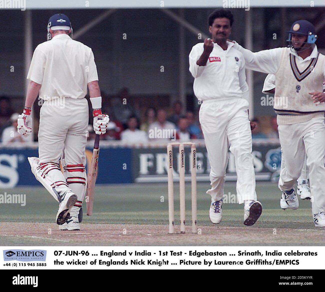 07-JUN-96 ... England v India - 1st Test - Edgebaston ... Srinath, India celebrates the wicket of Englands Nick Knight ... Picture by Laurence Griffiths/EMPICS Stock Photo