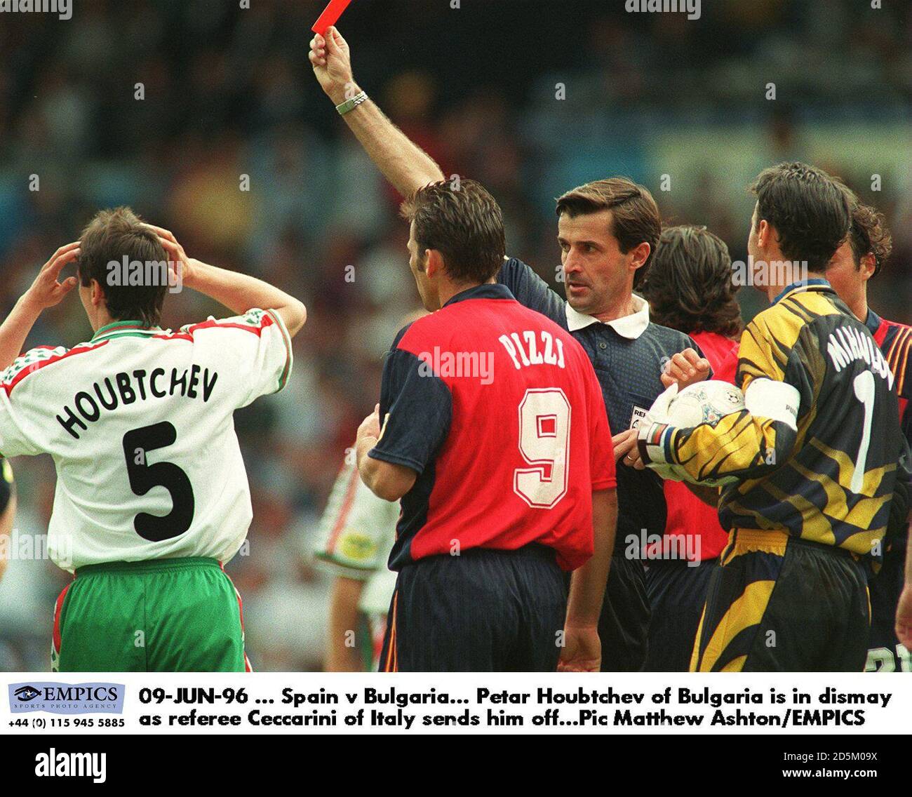 Petar Houbtchev of Bulgaria is in dismay as referee Ceccarini sends him off Stock Photo