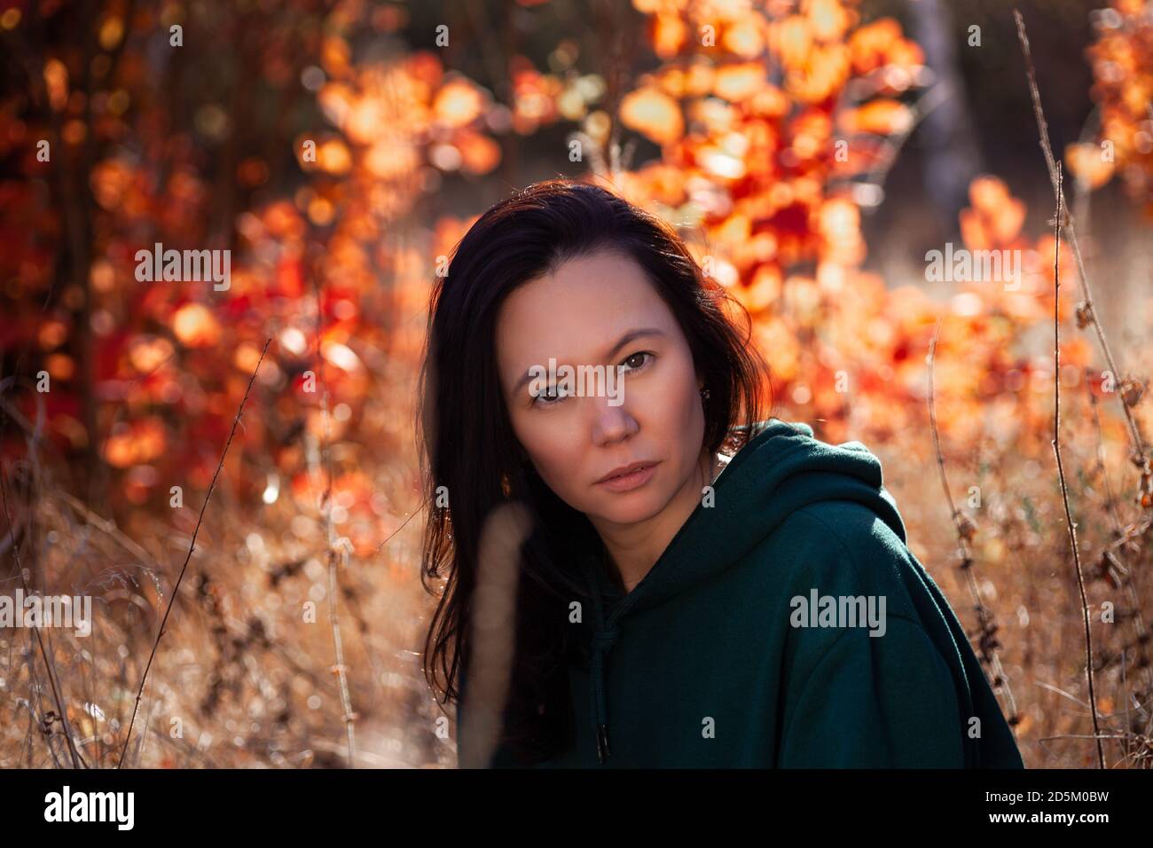 portrait of a beautiful Asian serious young woman in an autumn forest on a background of red leaves Stock Photo