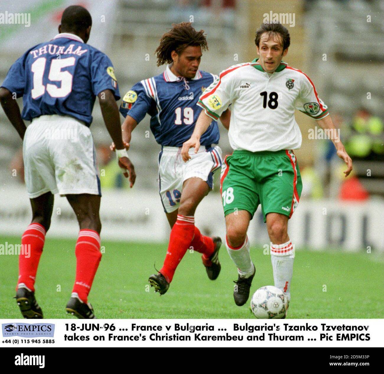 18-JUN-96 ... France v Bulgaria ... Bulgaria's Tzanko Tzvetanov takes on France's Christian Karembeu and Thuram Stock Photo
