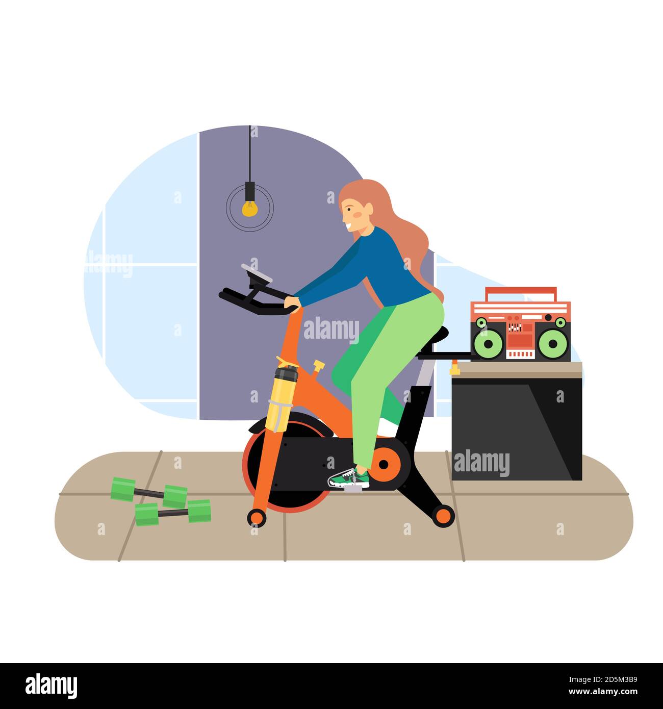 Sport and fitness activities. Girl riding stationary exercise bike flat