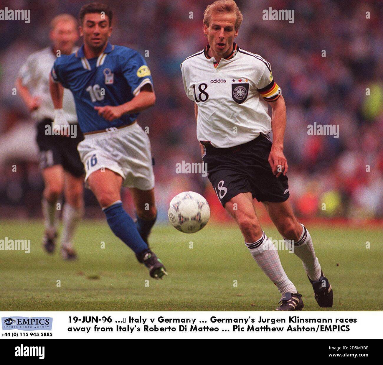 19-JUN-96 ... Italy v Germany ... Germany's Jurgen Klinsmann races away ...