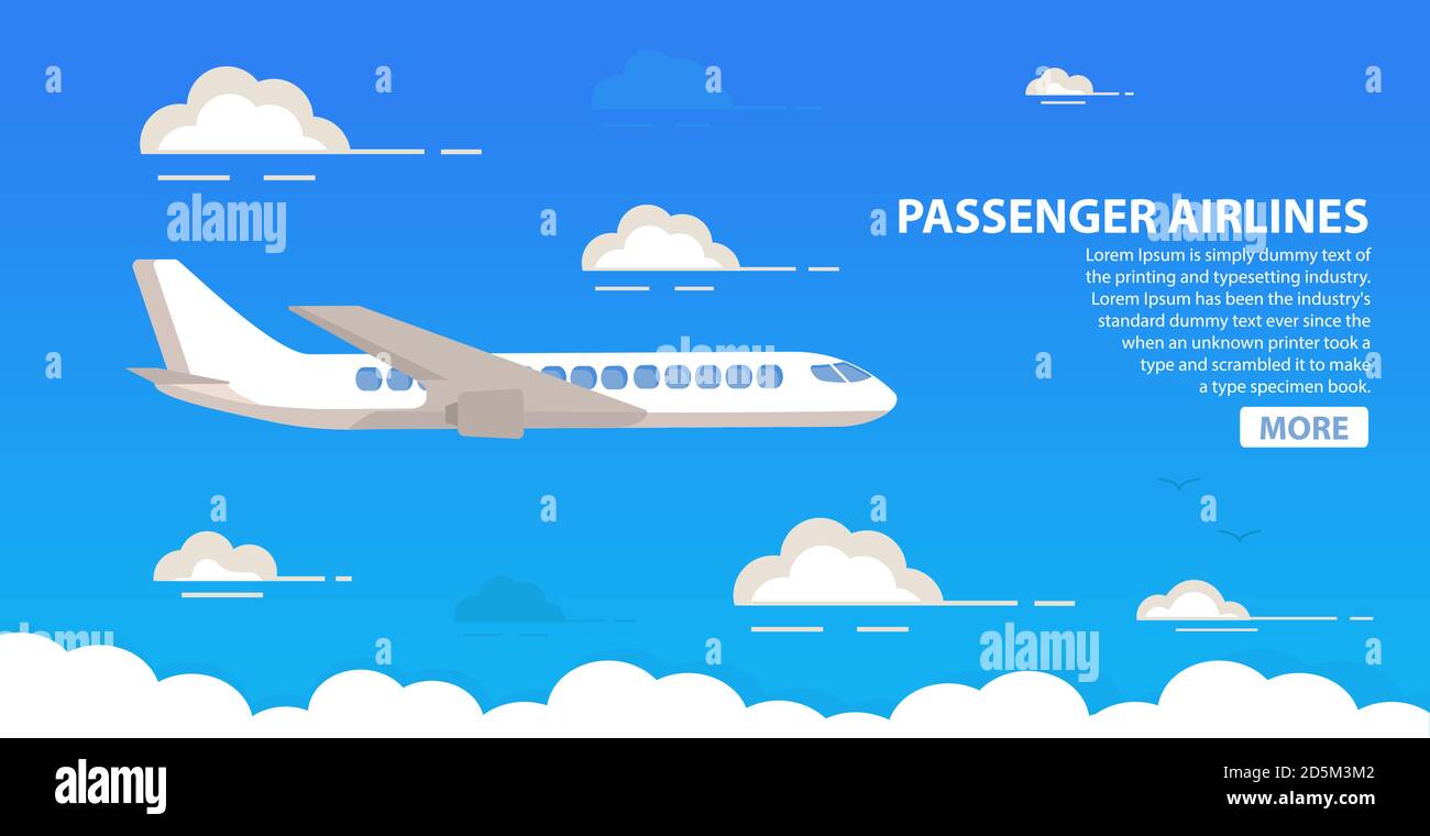 Passenger airlines. Clouds blue sky airplane.Jet plane.Aviation airliner. Stock Vector