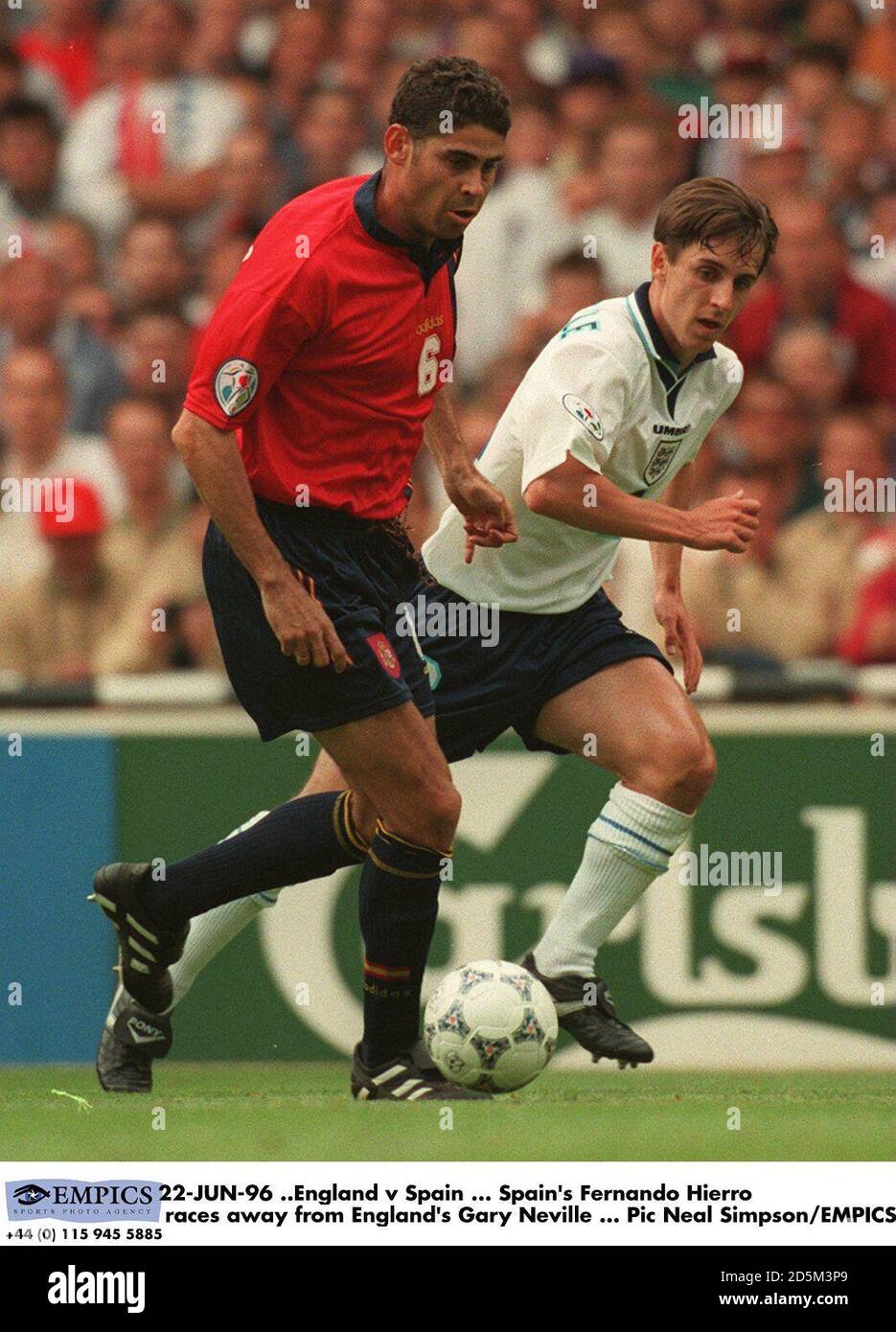 22-JUN-96 ..England v Spain ... Spain's Fernando Hierro races away from England's Gary Neville Stock Photo