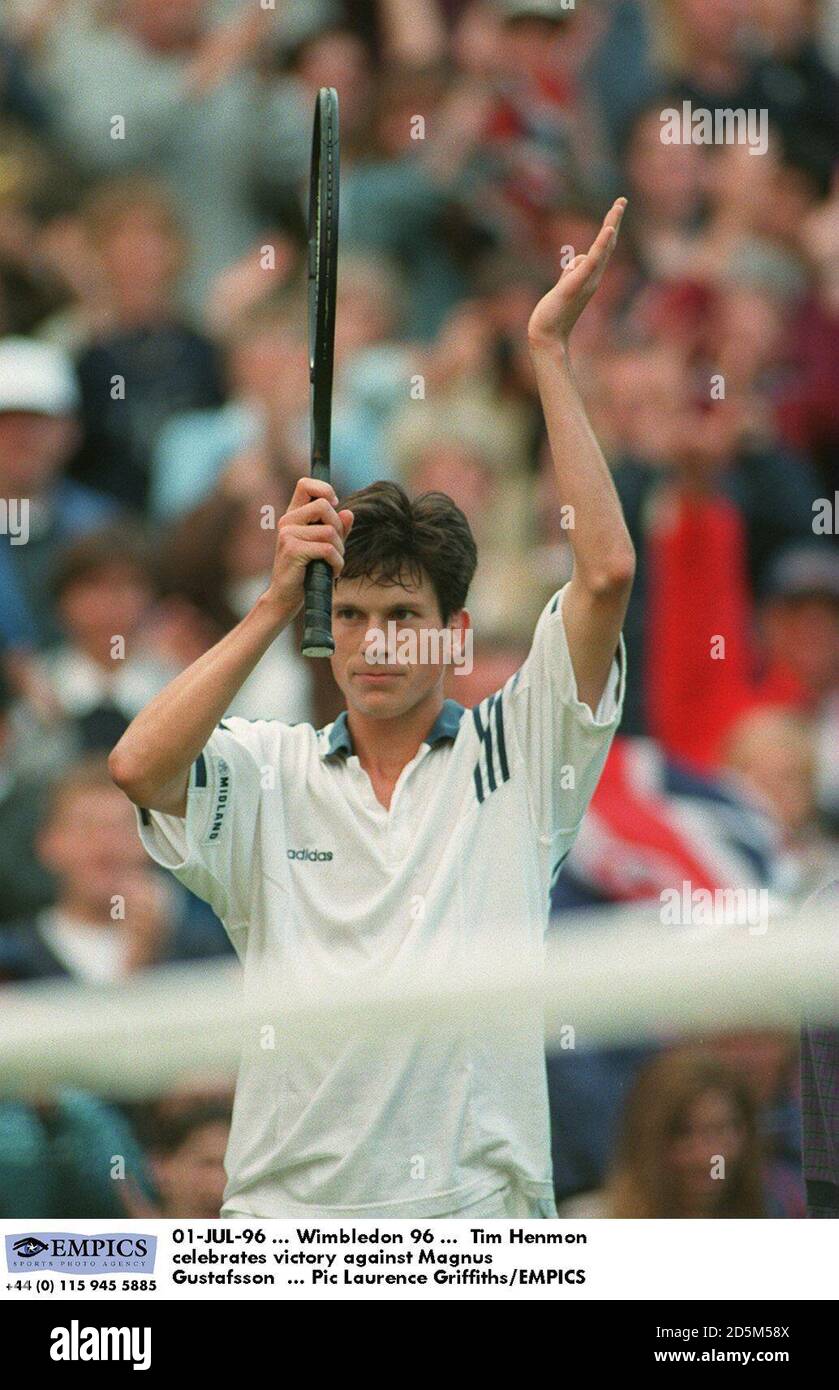 01-JUL-96 ... Wimbledon 96 ...  Tim Henman celebrates victory against Magnus Gustafsson Stock Photo