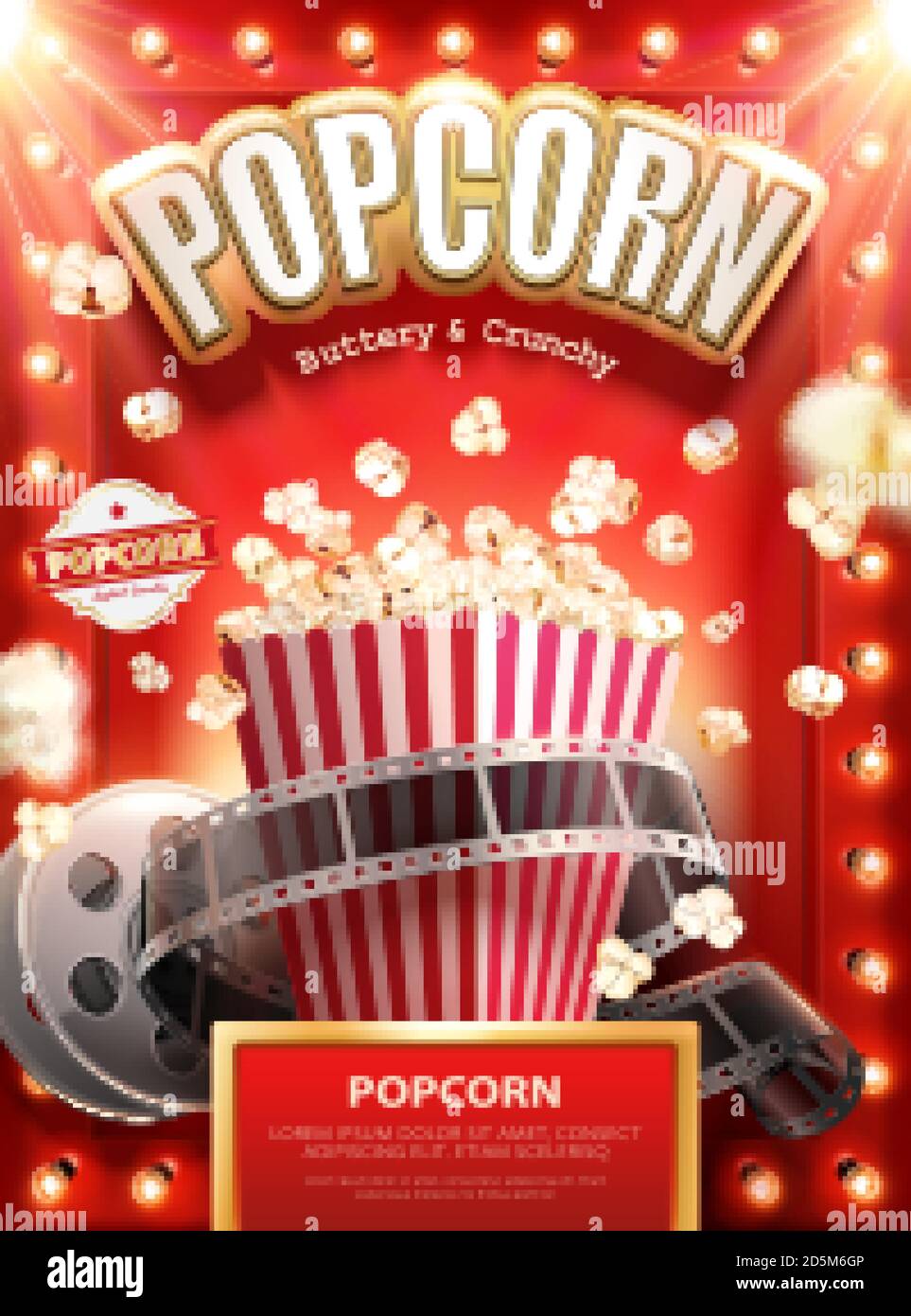 Classic buttery and crunchy popcorn ads with film roll on red background, 3d illustration Stock Vector