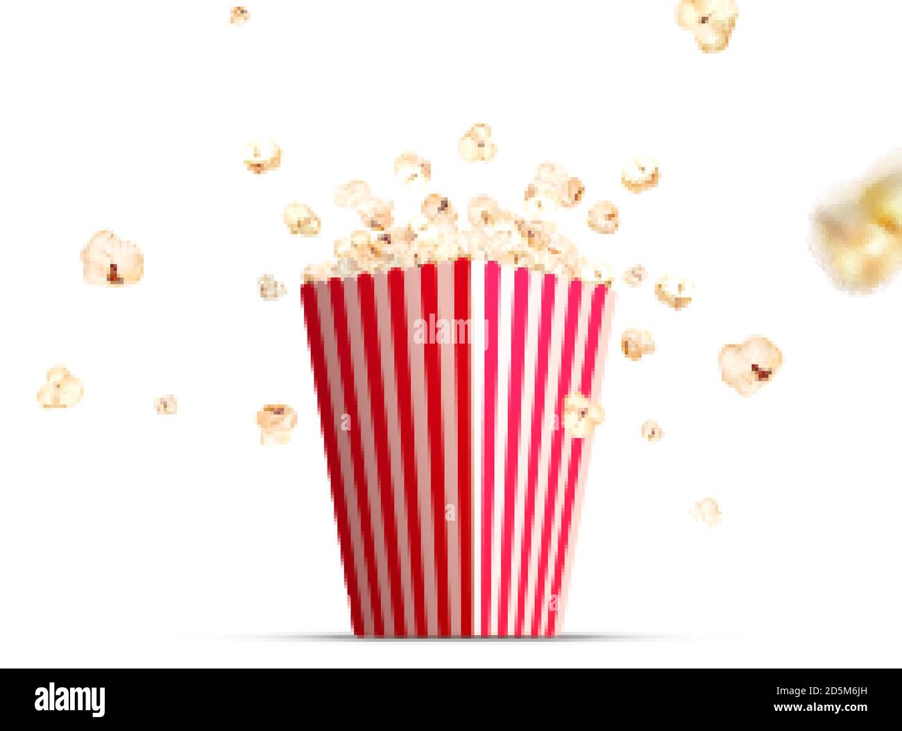 Flying popcorn from paper striped bucket isolated on white background, concept of watching TV or cinema in 3d illustration Stock Vector
