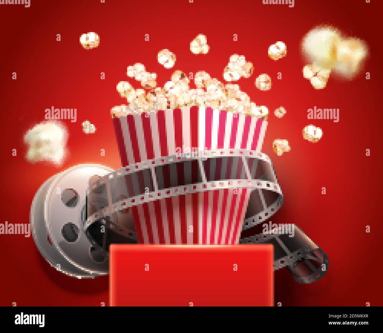 3d illustration of striped paper box with popcorns over red stand with a cinema reel over red background Stock Vector