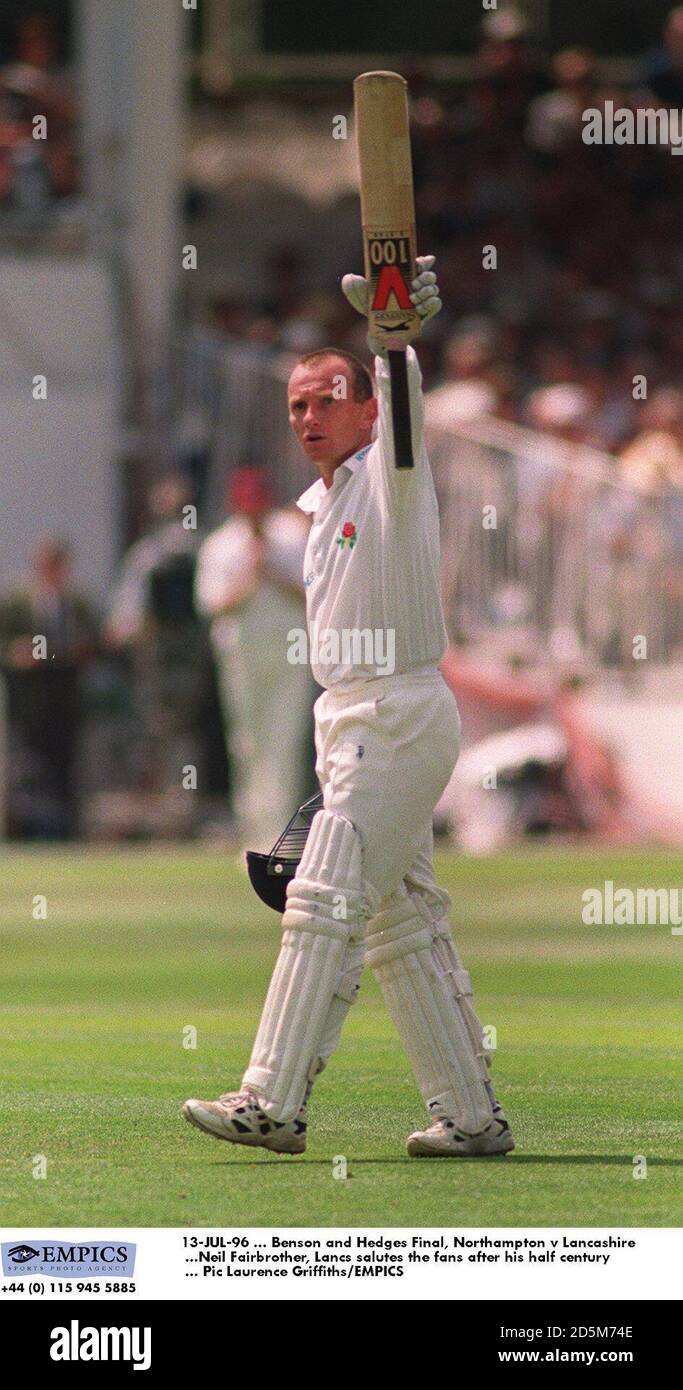 13-JUL-96 ... Benson and Hedges Final, Northampton v Lancashire ...Neil Fairbrother, Lancs salutes the fans after his half century Stock Photo