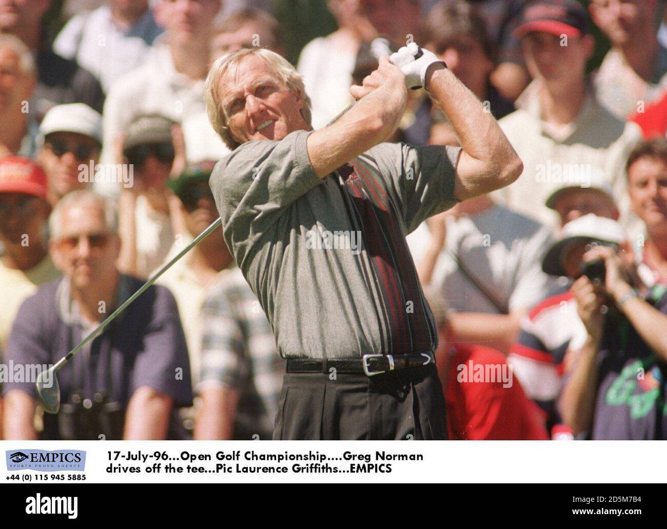 17-July-96. Open Golf Championship. Greg Norman drives off the tee Stock Photo