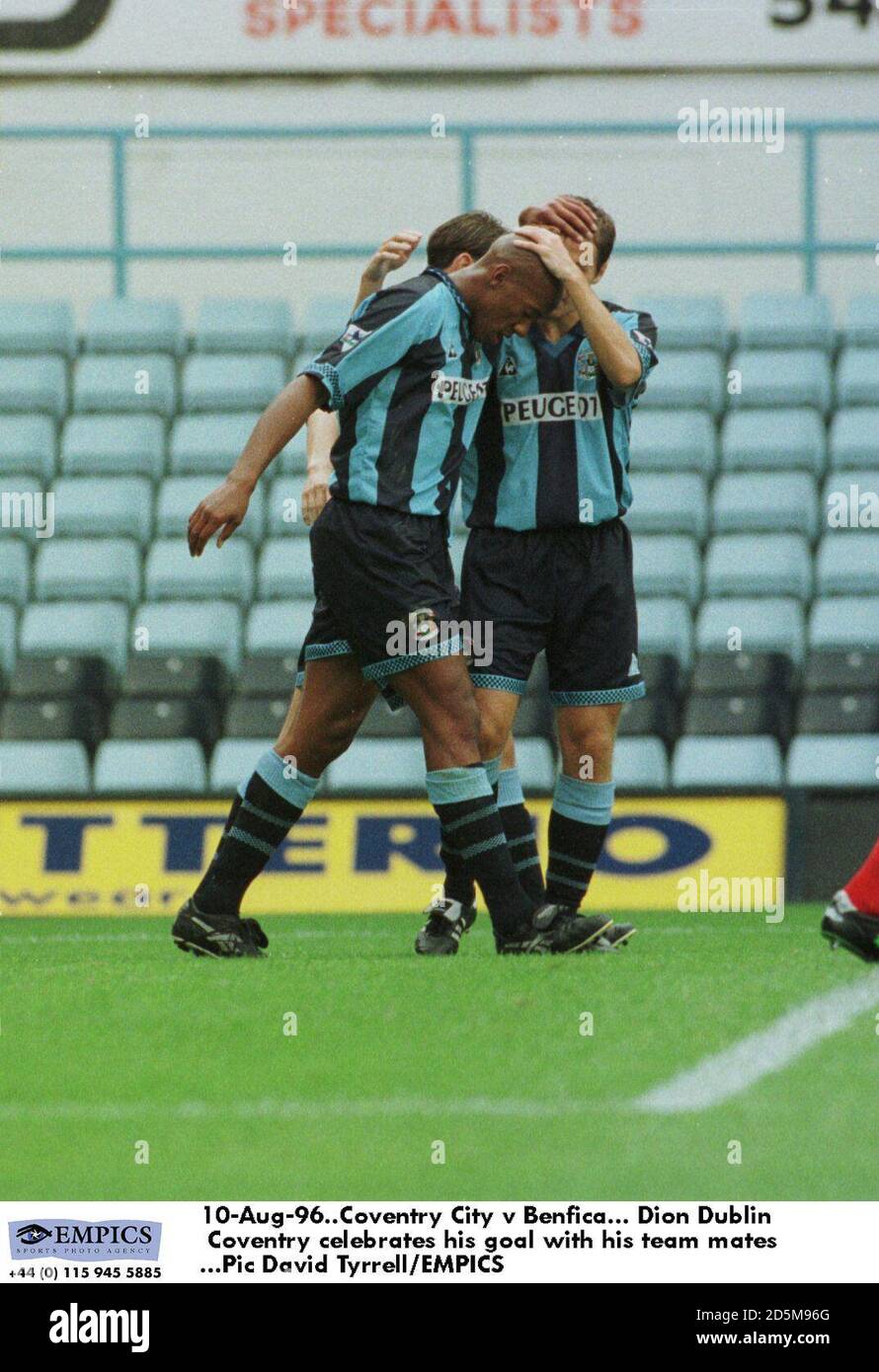 10-Aug-96. Coventry City v Benfica. Benfica's JDion Dublin Coventry celebrates his goal with his team mates Stock Photo