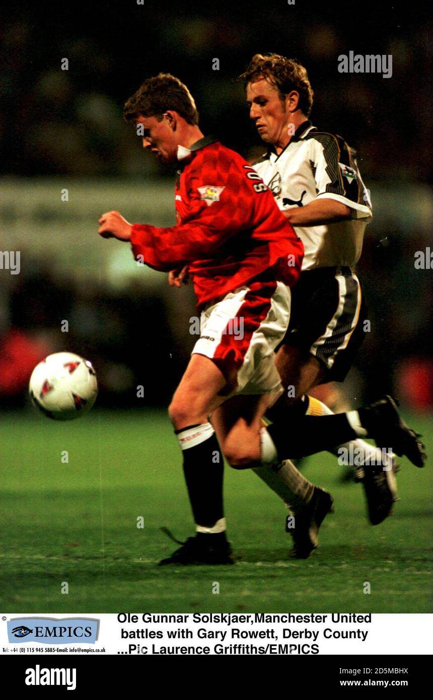 Ole Gunnar Solskjaer,Manchester United battles with Gary Rowett, Derby County Stock Photo