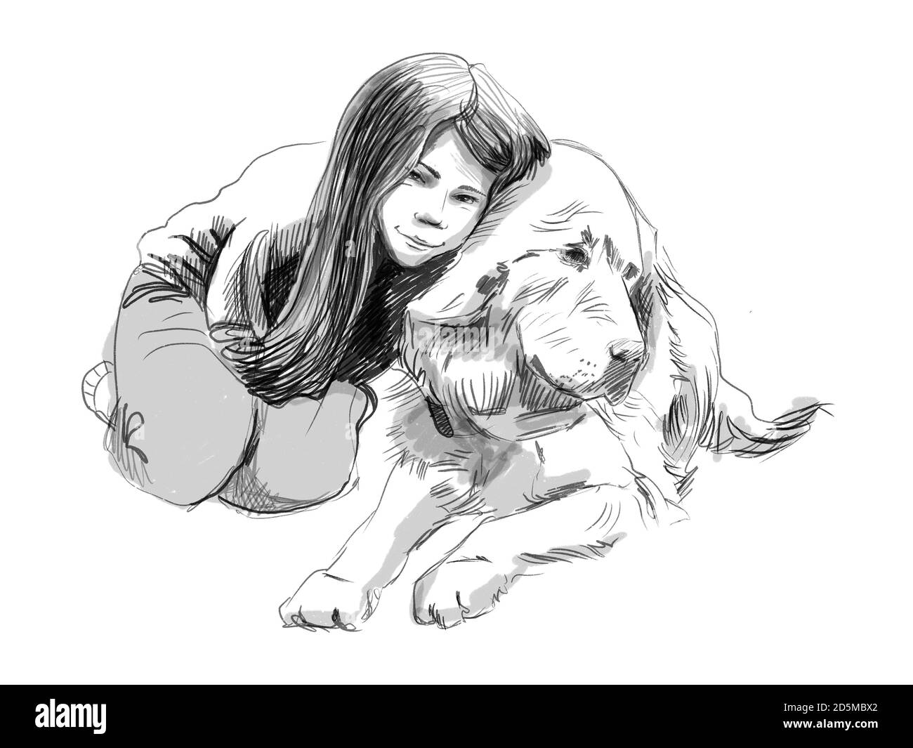 Cute little girl hugging her friend big dog Tibetan mastiff sketch Hand drawn pencil illustration Stock Photo