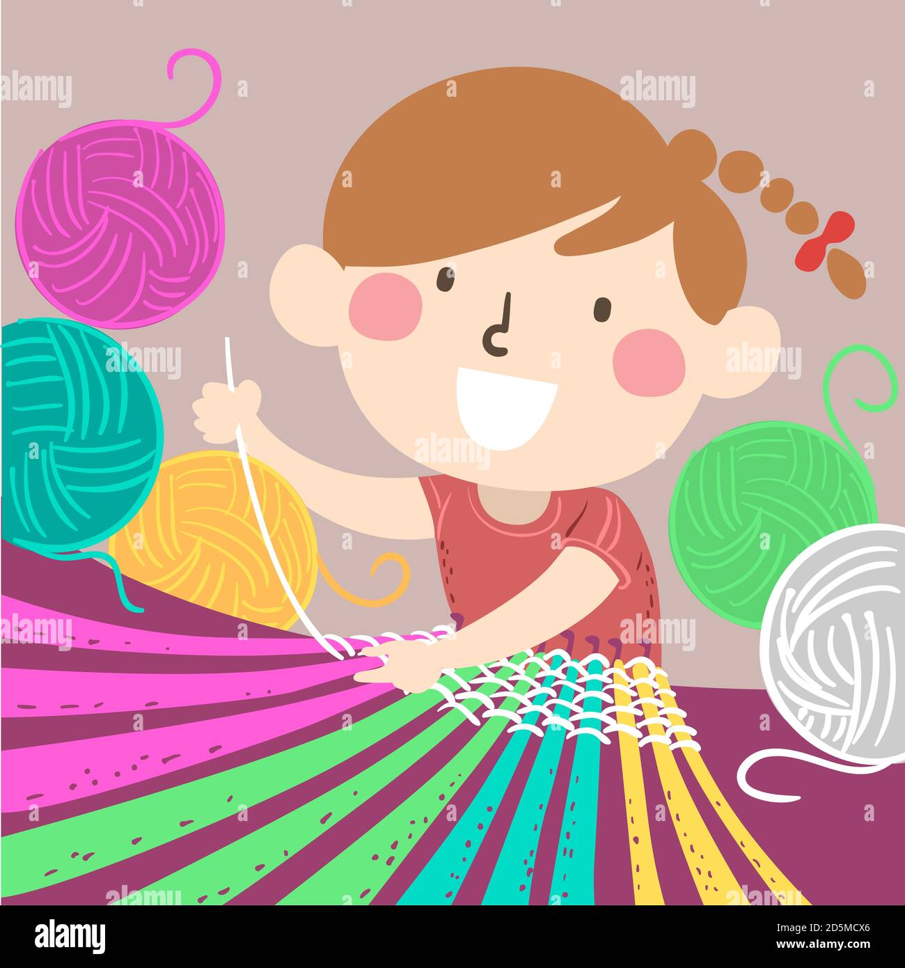 Illustration of a Kid Girl Weaving Yarn, Holding White Yarn Weaving