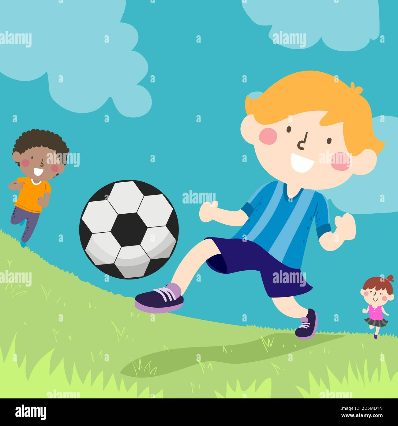 Illustration of Kids Kicking Soccer Ball Outdoors in the Field Stock Photo  - Alamy