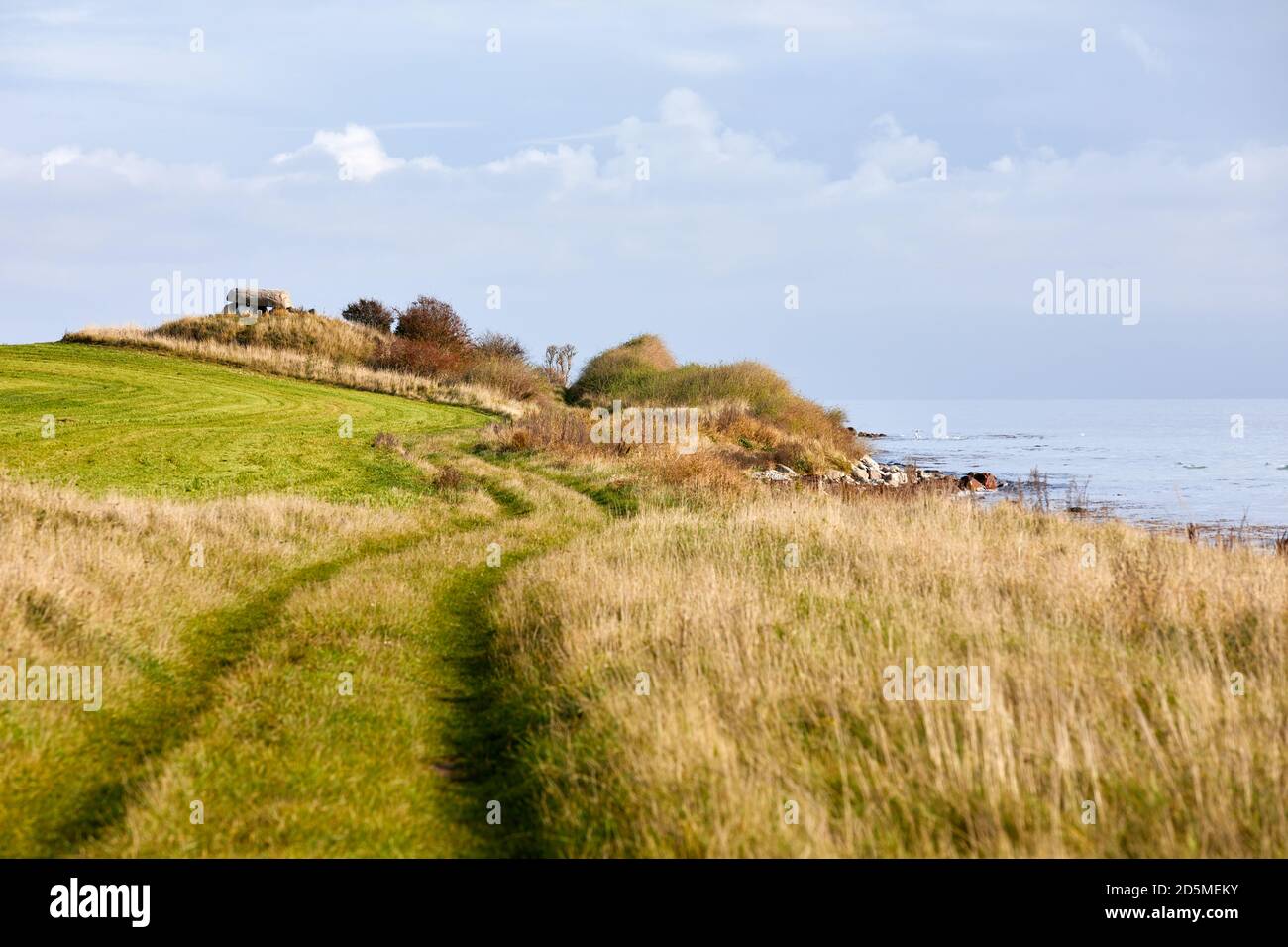 Samsø coast landscape with dolmen on small grave mound, Denmark Stock Photo