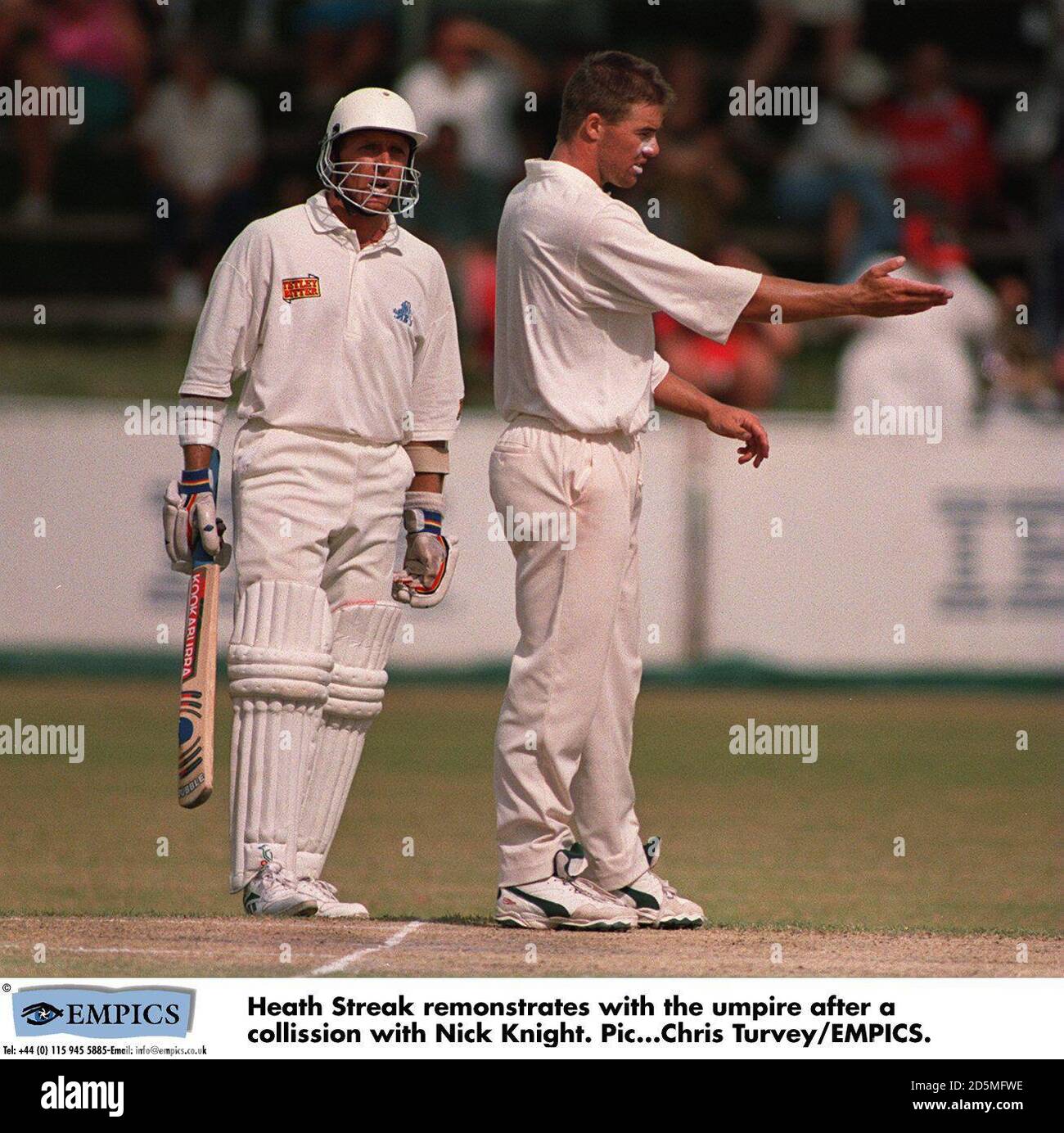 Heath Streak remonstrates with the umpire after a collission with Nick Knight. Stock Photo