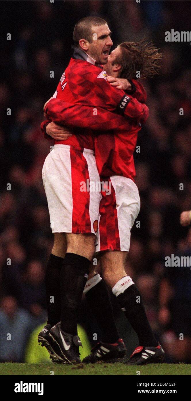 Eric Cantona, Manchester United celebrates the opening goal Stock Photo