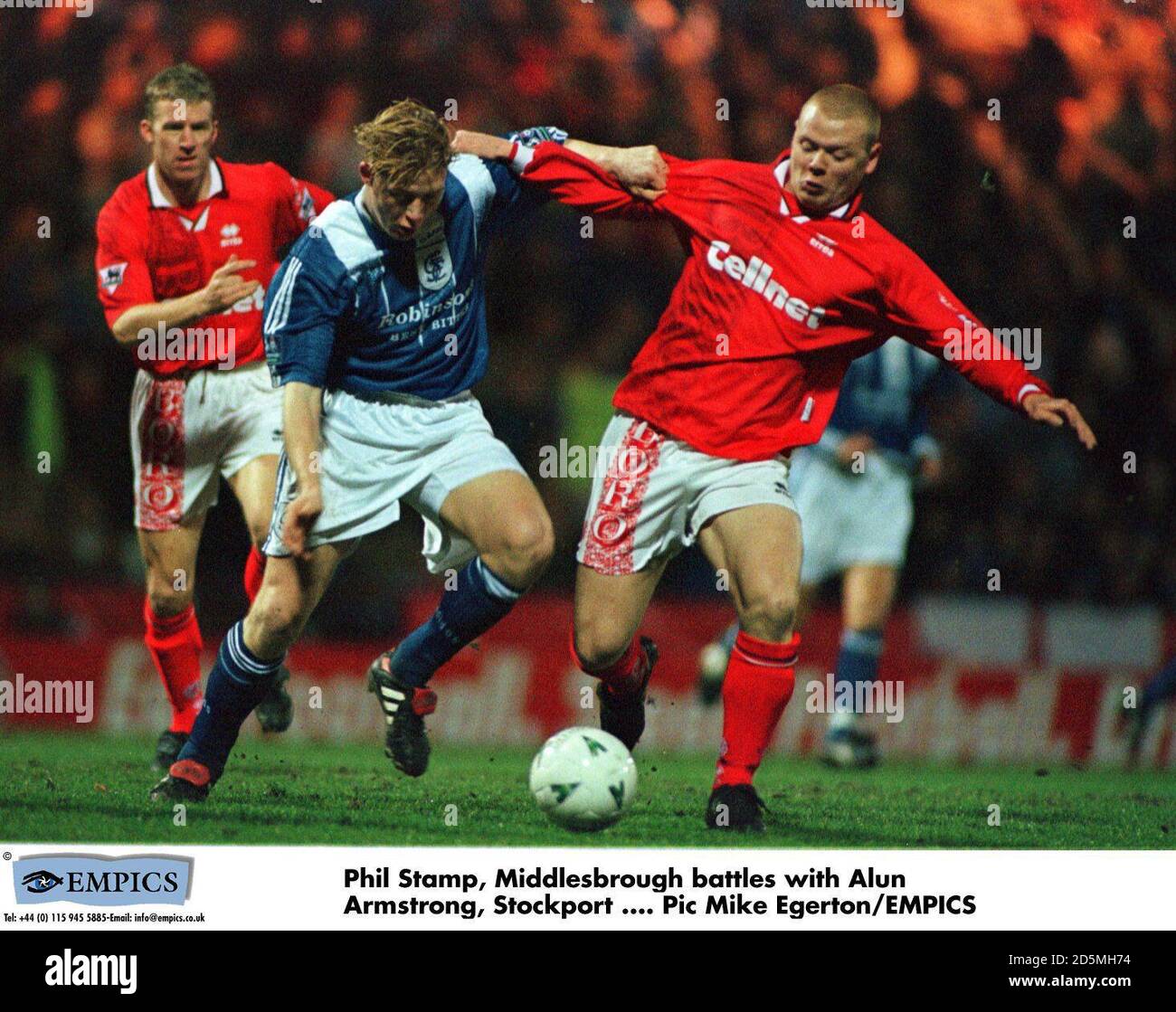 Phil Stamp, Middlesbrough battles with Alun Armstrong, Stockport Stock Photo