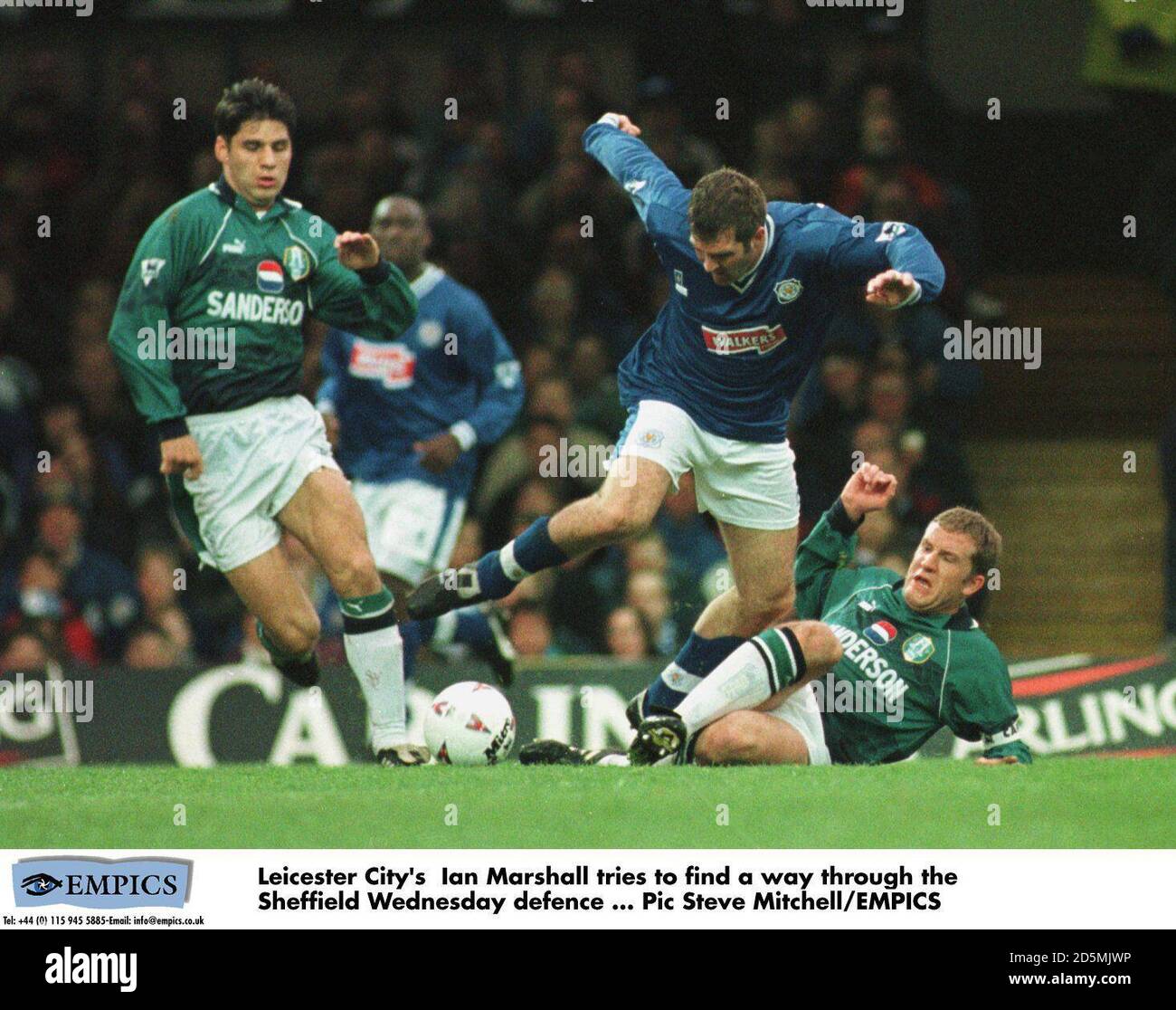 Leicester City's Ian Marshall tries to find a way through the Sheffield