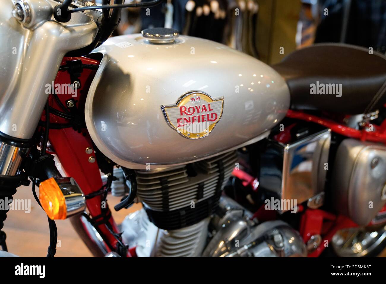 Bordeaux , Aquitaine / France - 10 01 2020 : Royal Enfield logo and sign text on grey retro motorcycle fuel tank of vintage motorbike Stock Photo