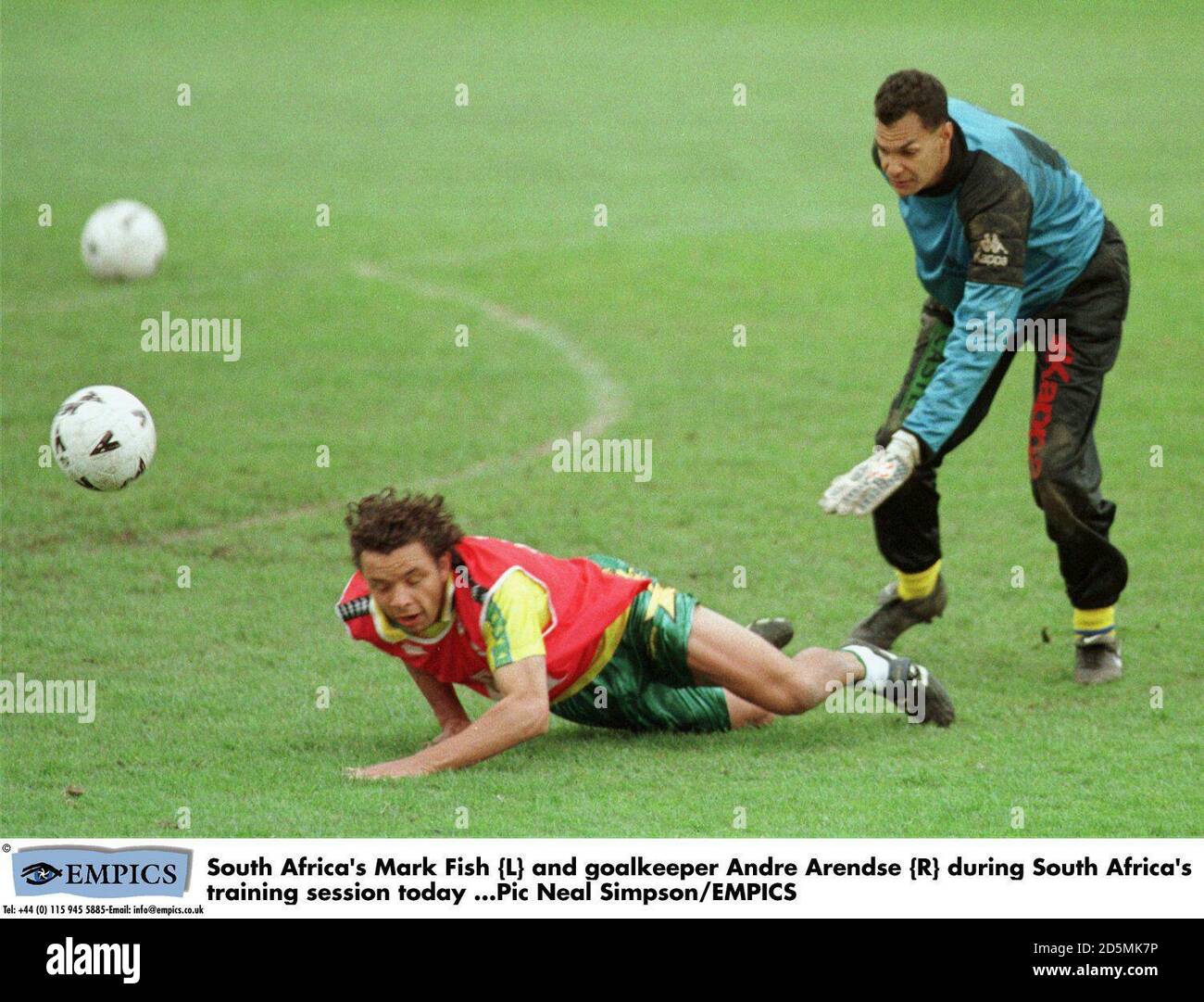 South Africa's Mark Fish {L} and goalkeeper Andre Arendse {R} during ...
