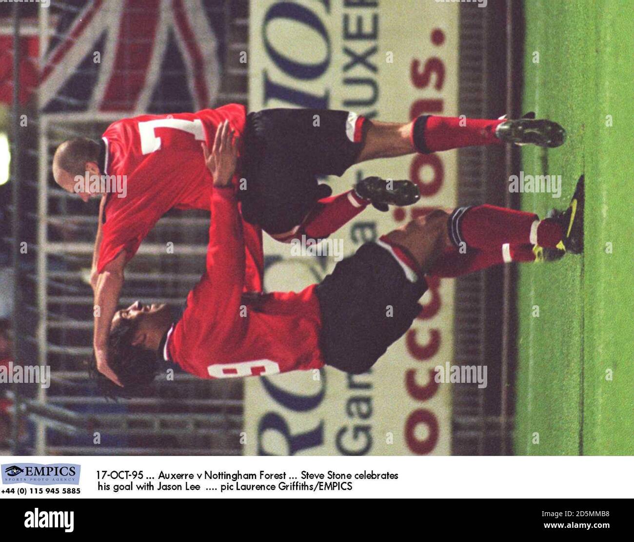 17-OCT-95 ... Auxerre v Nottingham Forest ... Steve Stone celebrates his goal with Jason Lee Stock Photo