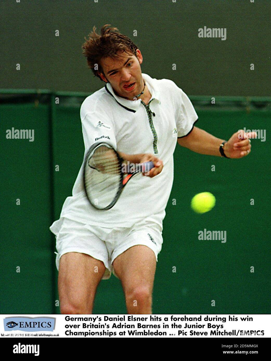 Germany's Daniel Elsner hits a forehand during his win over Britain's  Adrian Barnes in the Junior Boys Championships at Wimbledon Stock Photo -  Alamy